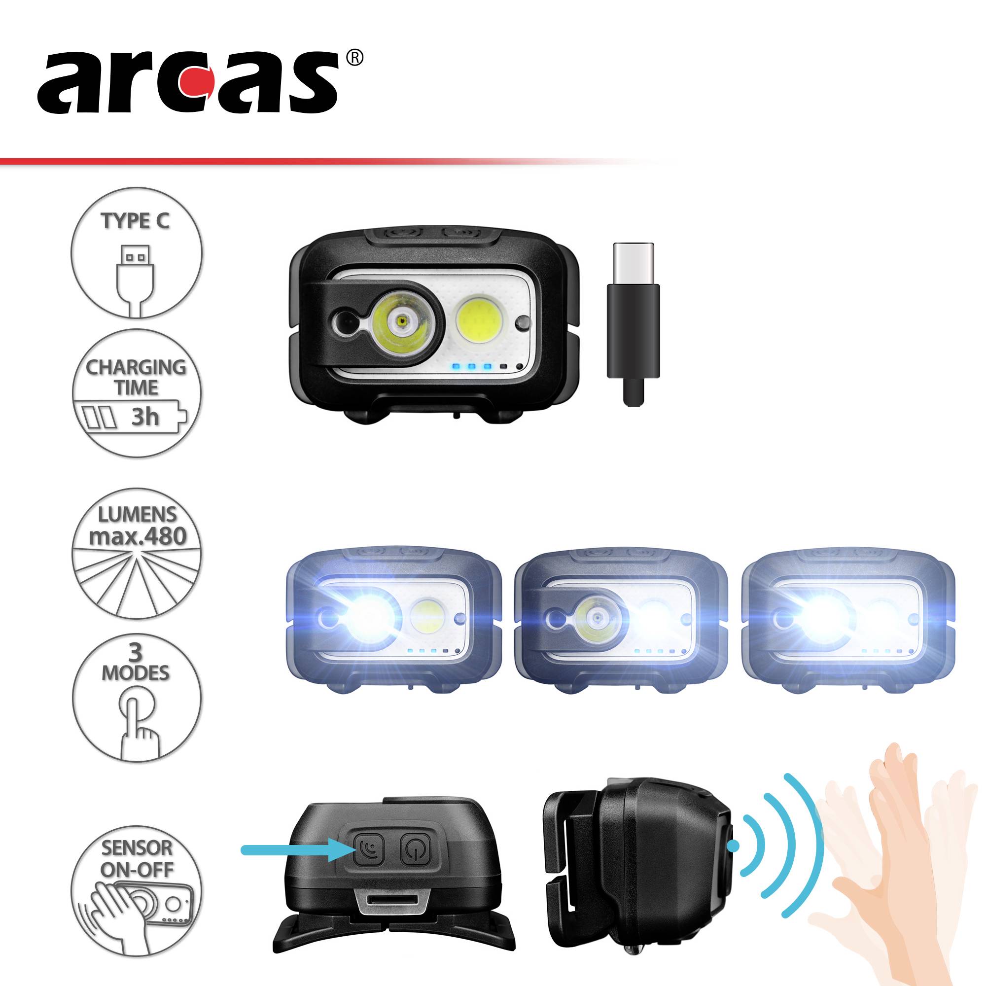 ARCAS Höfuðljós Hleðslu 9W 480 Lumens - Image 6