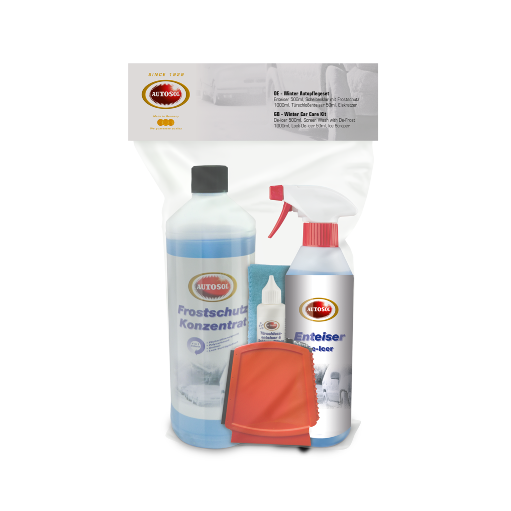 AUTOSOL Vetrarsett 4 stk 1xFrosteyðir glugga 500ml + 1xAntifreeze 1 Ltr + 1xLásasprey 50ml + Skafa